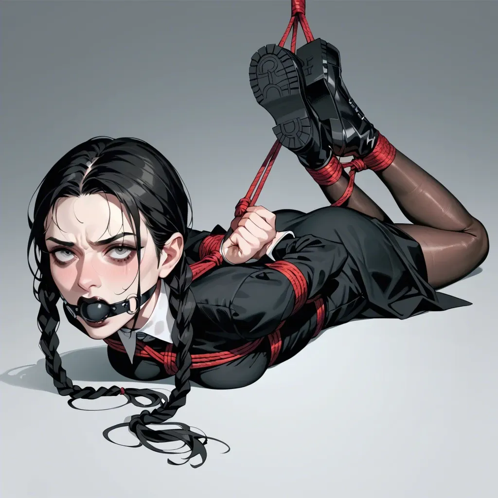 1girl, solo, Wednesday Addams \(Wednesday\), black eyes, pale skin, black dress, black pantyhose, big black platform boots, laying on stomach, rope bondage, hogtied, arms behind back, crossed ankles, black ballgag, feet focus, screaming