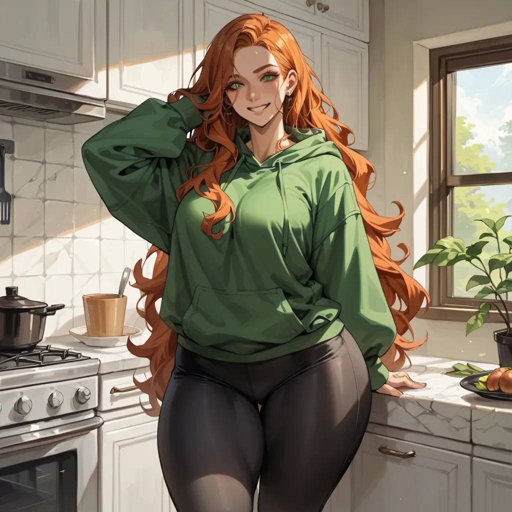 Massive ass, huge thick thighs, wide hips, love handles, thick, curvy, very long wavy ginger hair, green eyes, smiling, oversized dark green hoodie, black yoga pants, kitchen, making breakfast