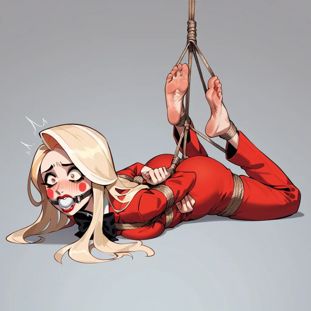 Charlie Morningstar \(Hazbin Hotel\), ((3/4 view)), red suit, red trousers, black bow, barefoot, face focus, rope bondage, hogtied, white ball gag, hands behind the back, laying on stomach, shocked, scared