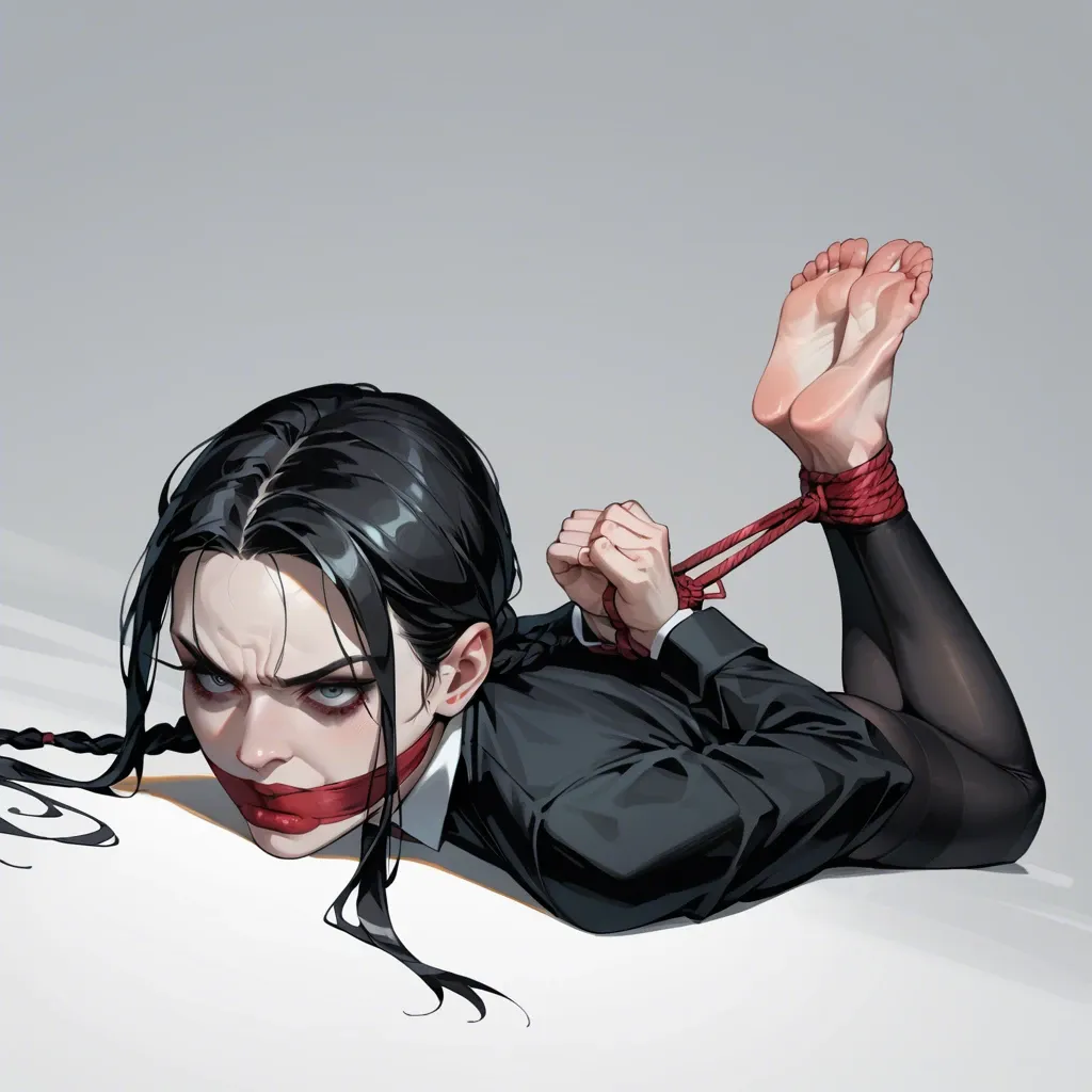 1girl, solo, Wednesday Addams \(Wednesday\), pale skin, full clothes, no shoes, laying on stomach, rope bondage, hogtie, hands behind the back, wrap gagged, feet focus, angry, ((face view))