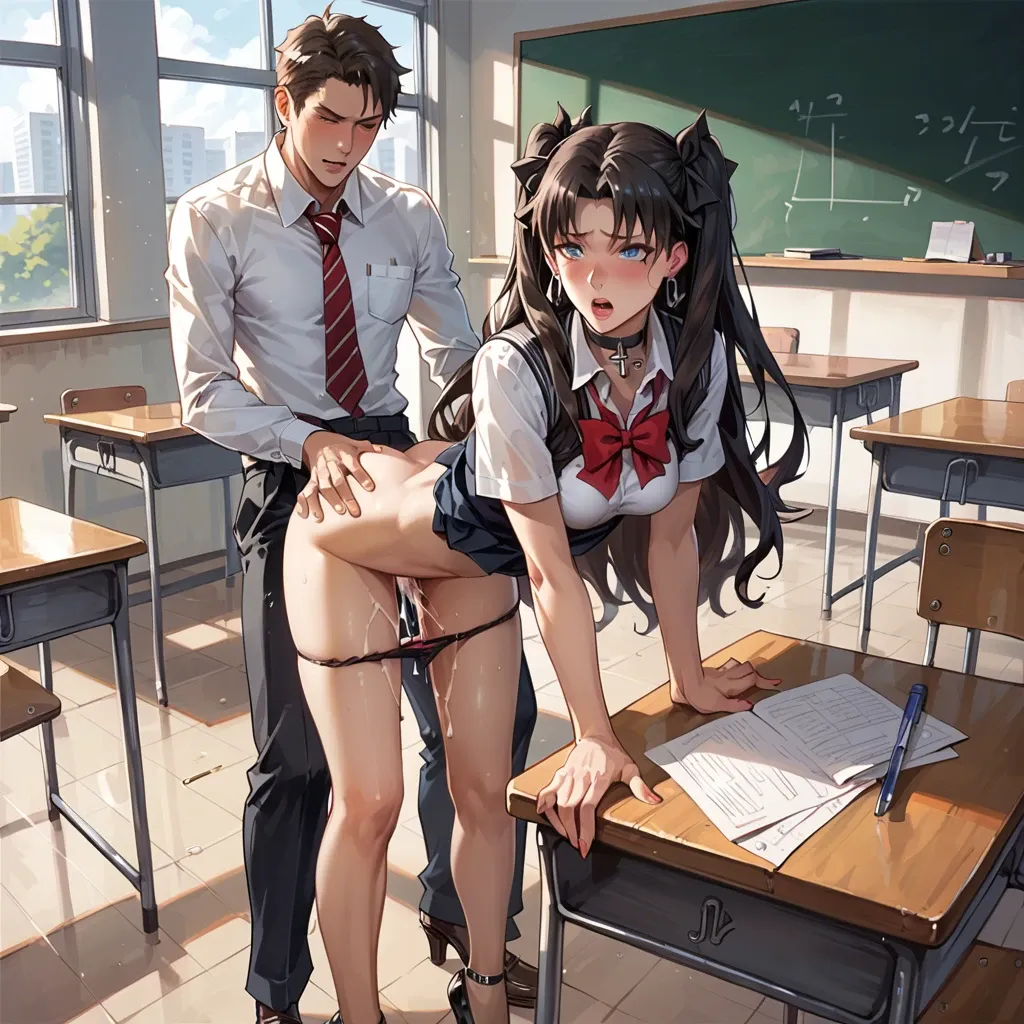 2girl, , , , arching back,fucked,creampie,view from behind,bent over desk,spread legs,choker,blushing, blue eyes,seductive look,panties down,school uniform,high heels, classroom, rin tohsaka, high quality,knee socks,