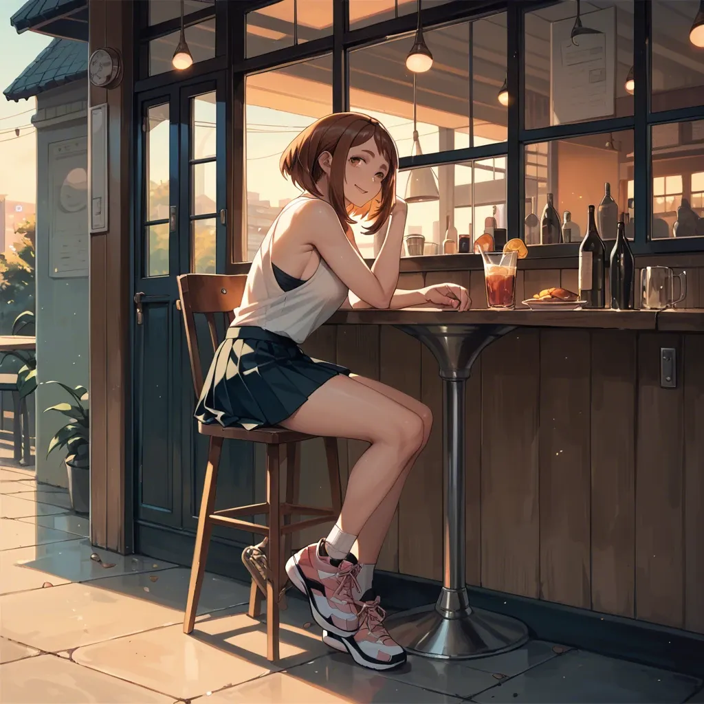 Uraraka Ochako, naughty smile, sensual,  tank top  and pleated miniskirt and sneakers, sideboobs, sit on a chair in café in Rome, oudoor, sunset, play of shadows, beautiful lighting, subtle pastel tones, 8k