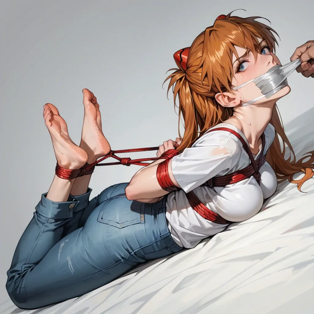 1girl, solo, Asuka Langley \(Evangelion\), white t-shirt, jeans, barefoot, laying on stomach, rope bondage, hogtied, hands behind the back, tape gagged, neck bondage, hair pulled, painful, looking at viewer, feet focus, shocked, scared, ((face view))