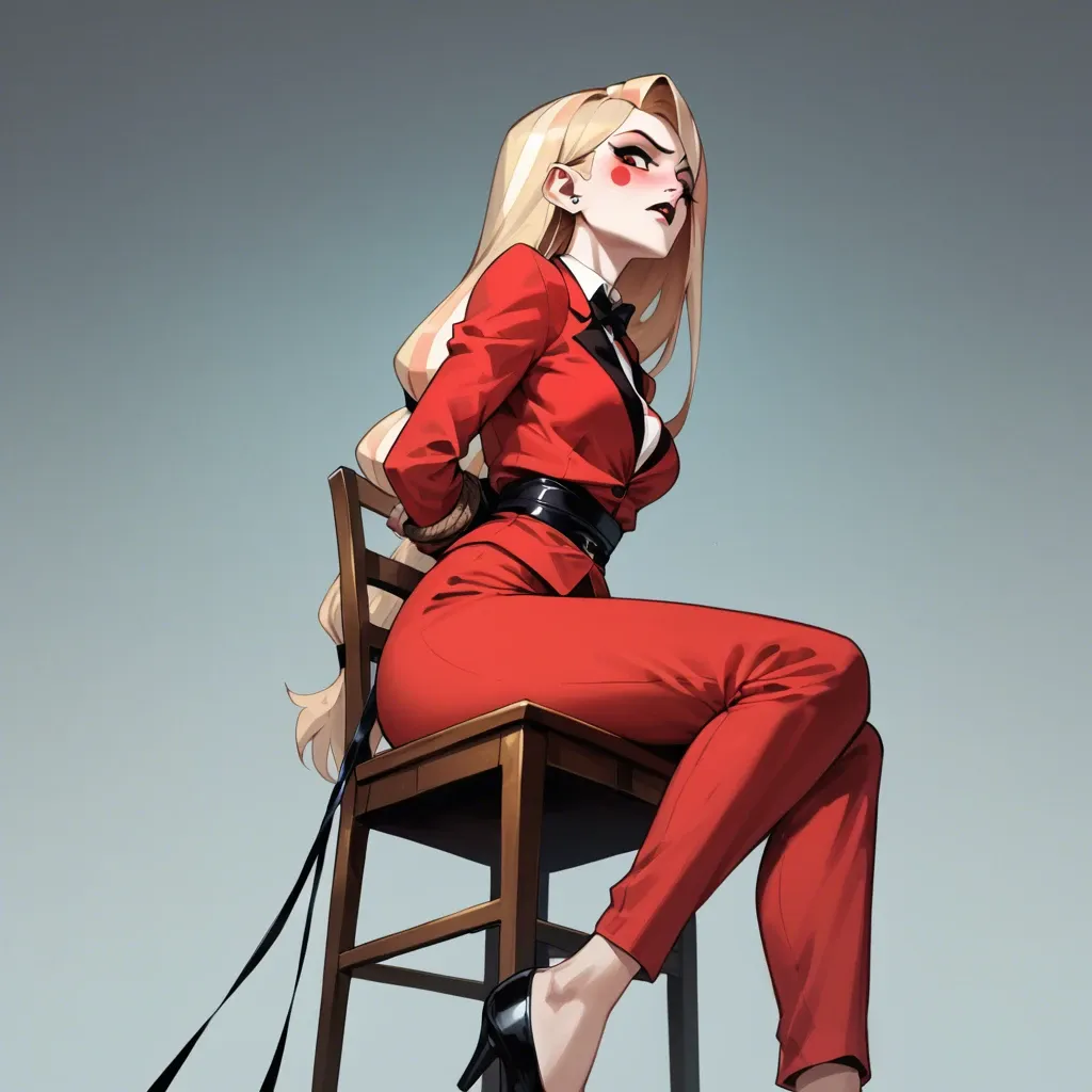 1girl, solo, Charlie Morningstar \(Hazbin Hotel\), ((from below)), pale skin, long red pants, red suit, sitting on chair, tied to chair, rope bondage, legs tied to chair, arms behind the back, tape gagged, barefoot, showing feet, soles focus, confused, raised eyebrow