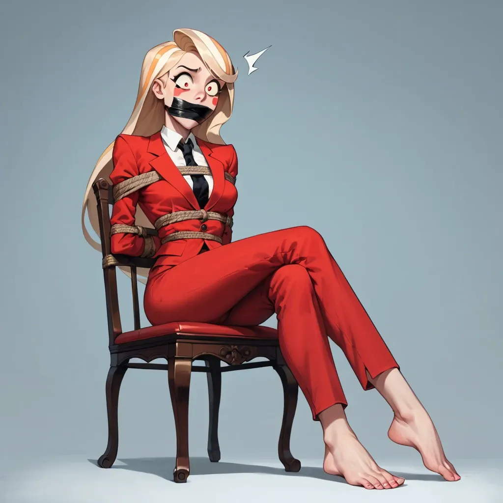 1girl, solo, Charlie Morningstar \(Hazbin Hotel\), pale skin, long red pants, red suit, barefoot, toes spread, showing feet, sitting on chair, rope bondage, tape gagged, shocked, raised eyebrow