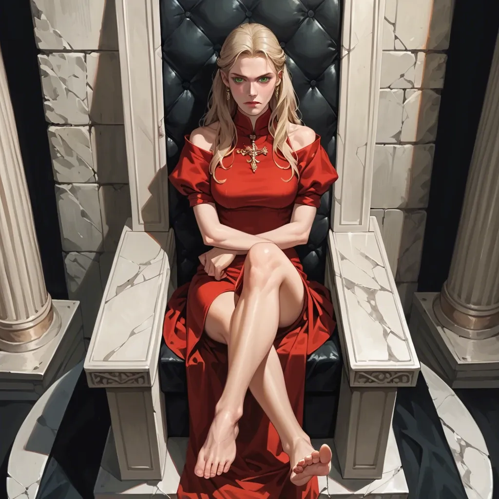 1girl, solo, Cersei Lannister \(Game of Thrones\), green eyes, red dress, barefoot, sitting on throne, arms crossed, legs crossed, soles focus, looking at viewer, ((from above))