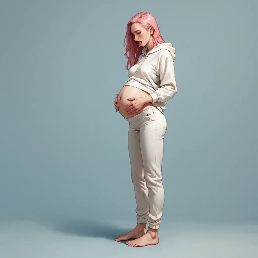 1 solo girl,,,, no background, no objects, full body view, standing up position, pregnant belly, tongue out, skinny, long pink hair, white hoodie, sportive white pants, no shoes, gentle look, soft skin, 20 years old, human, open blue eyes, facing camera, energetic look