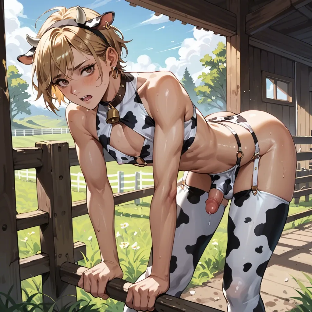 milking femboy, femboy's dick visible, on a farm, femboy, standing, bent over, leaning, shoulder length hair, blonde, brown eyes, earring, cow costume,