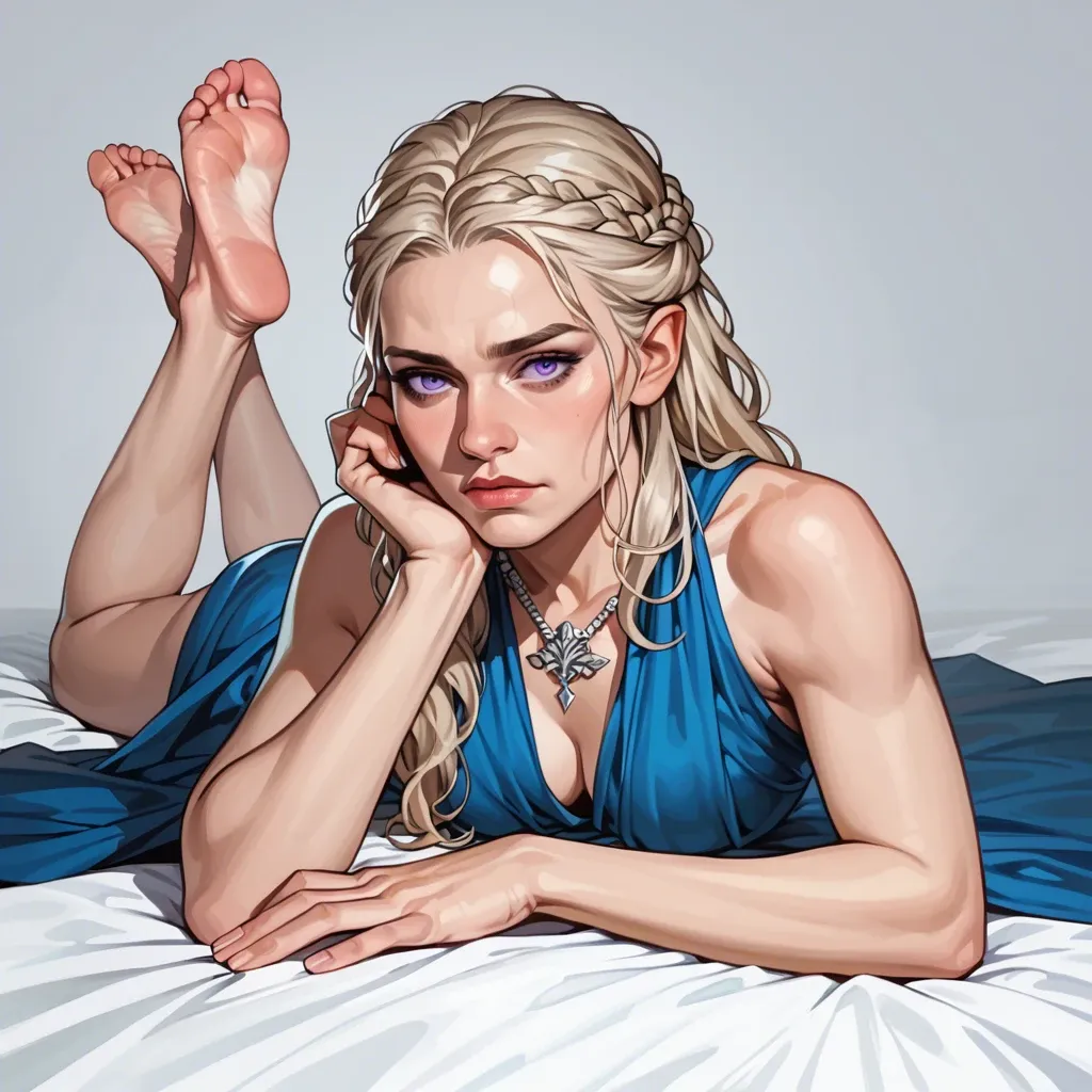 1girl, solo, Daenerys Targaryen \(Game of Thrones\), purple eyes, blue dress, barefoot, laying on stomach, feet up, head rests on hand, arrogant