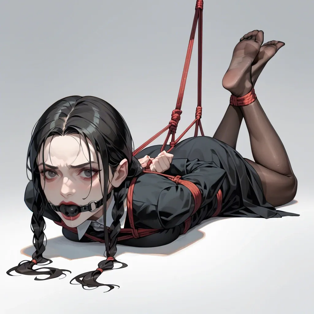 1girl, solo, Wednesday Addams \(Wednesday\), black eyes, pale skin, black dress, black pantyhose, no shoes, laying on stomach, rope bondage, hogtied, arms behind back, crossed ankles, black ballgag, feet focus, screaming