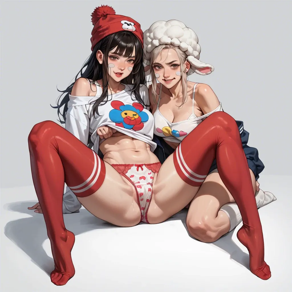 2girl, , , , spread cheeks,normal feet,perky tits,midriff,off-shoulder, white crop top,baggy socks,wool hat,print panties,no shoes, sweatshirt lift,red thighhighs,lace panties,panties visible,thigh boots, no skirt,palace,witch hat,black bra,no shoes, bare navel, tavern setting, robot girl, rich detailed, bright, tifa lockhart, ariel waifu