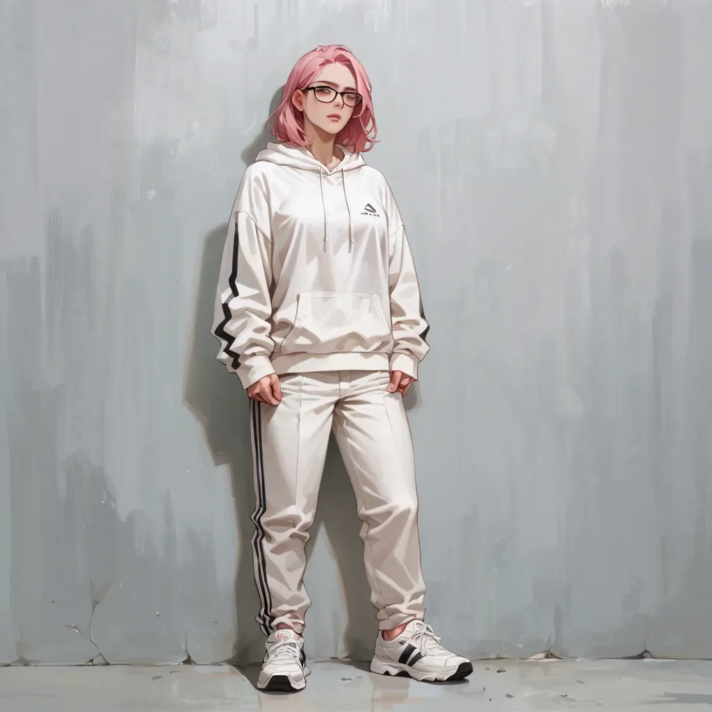 1 solo girl,,,, no background, no objects, full view, stand up, long pink hair, black glasses, white hoodie, sportive white pants, white sportive shoes, gentle look, soft skin, 20 years old, human, open blue eyes, facing camera, energetic look, pregnant, tongue out