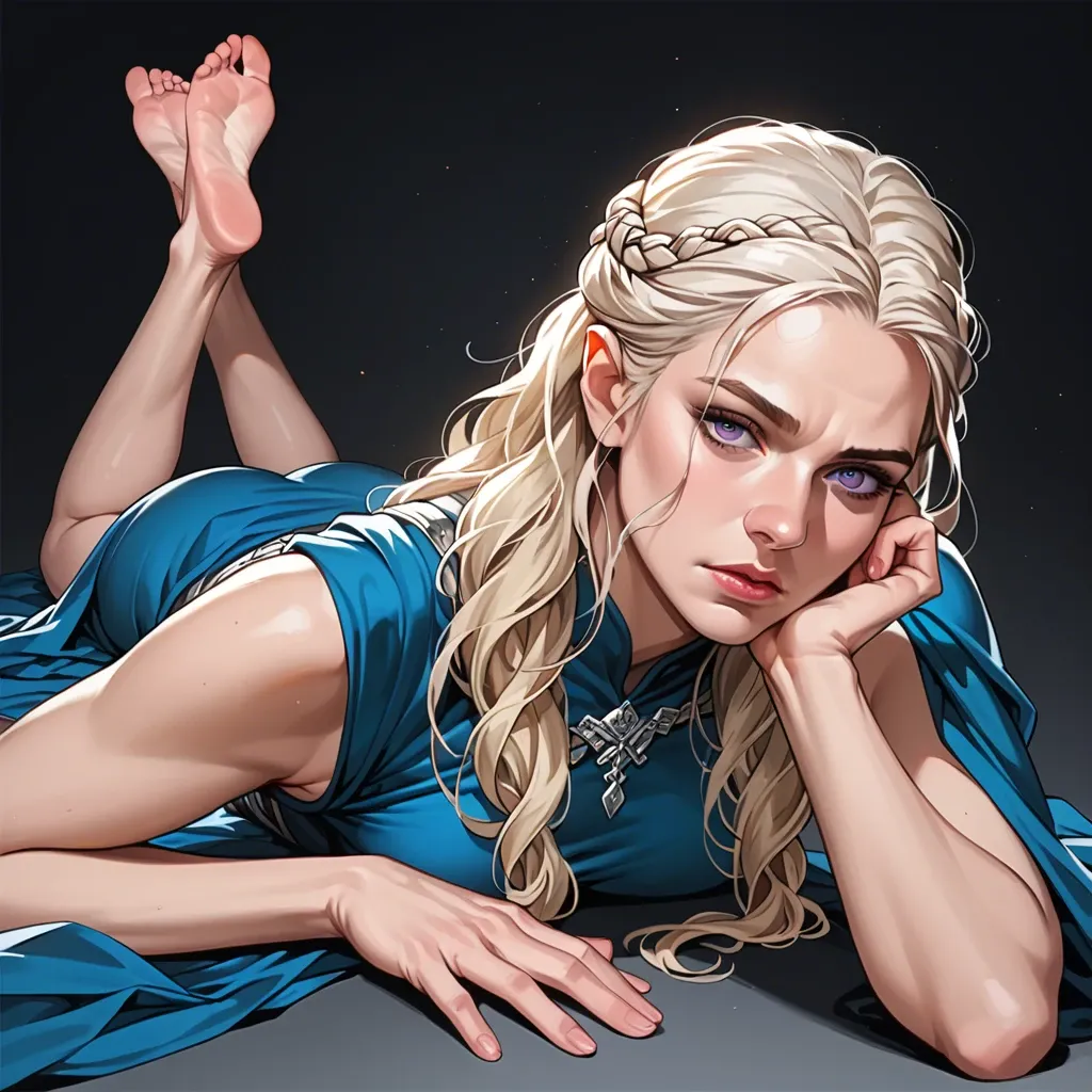 1girl, solo, Daenerys Targaryen \(Game of Thrones\), purple eyes, blue dress, barefoot, laying on stomach, feet up, head rests on hand, annoyed