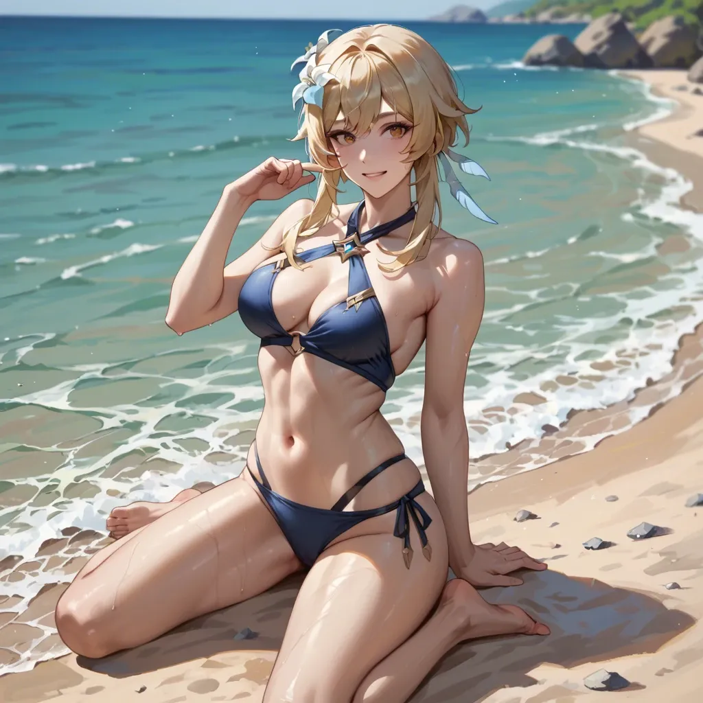 Lumine from genshin impact, swimsuit, looking at you, happy and suggestive face