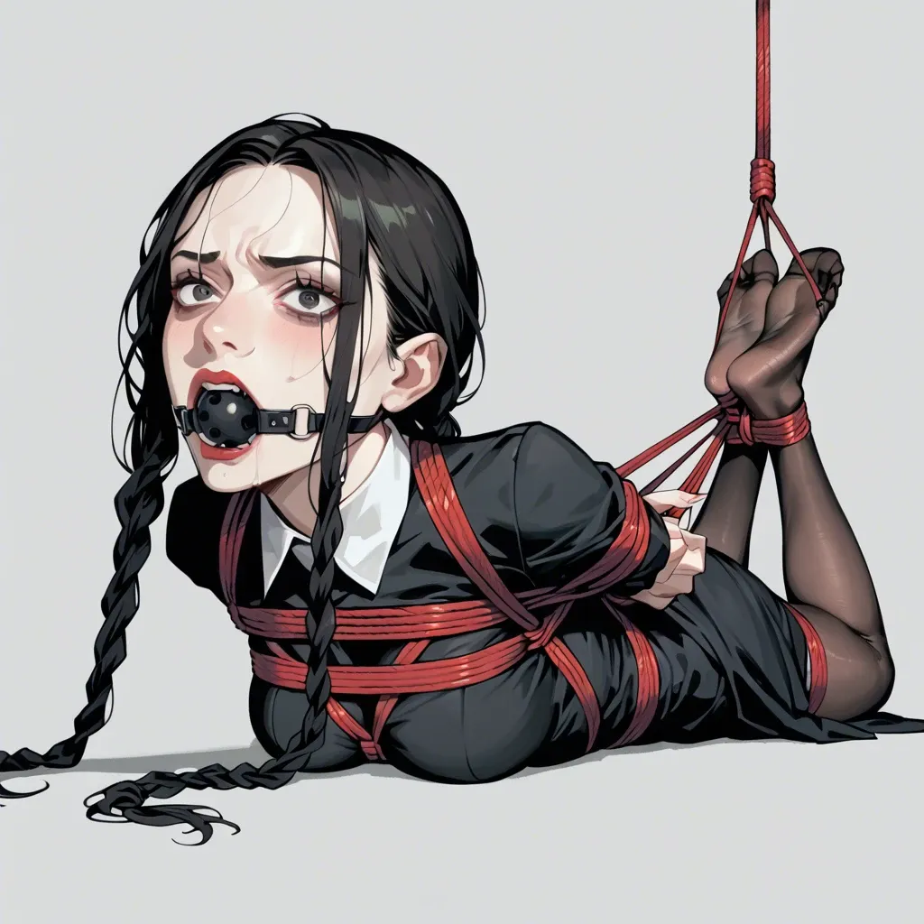 1girl, solo, Wednesday Addams \(Wednesday\), black eyes, pale skin, black dress, black pantyhose, no shoes, laying on stomach, rope bondage, hogtied, arms behind back, black ballgag, feet focus, screaming