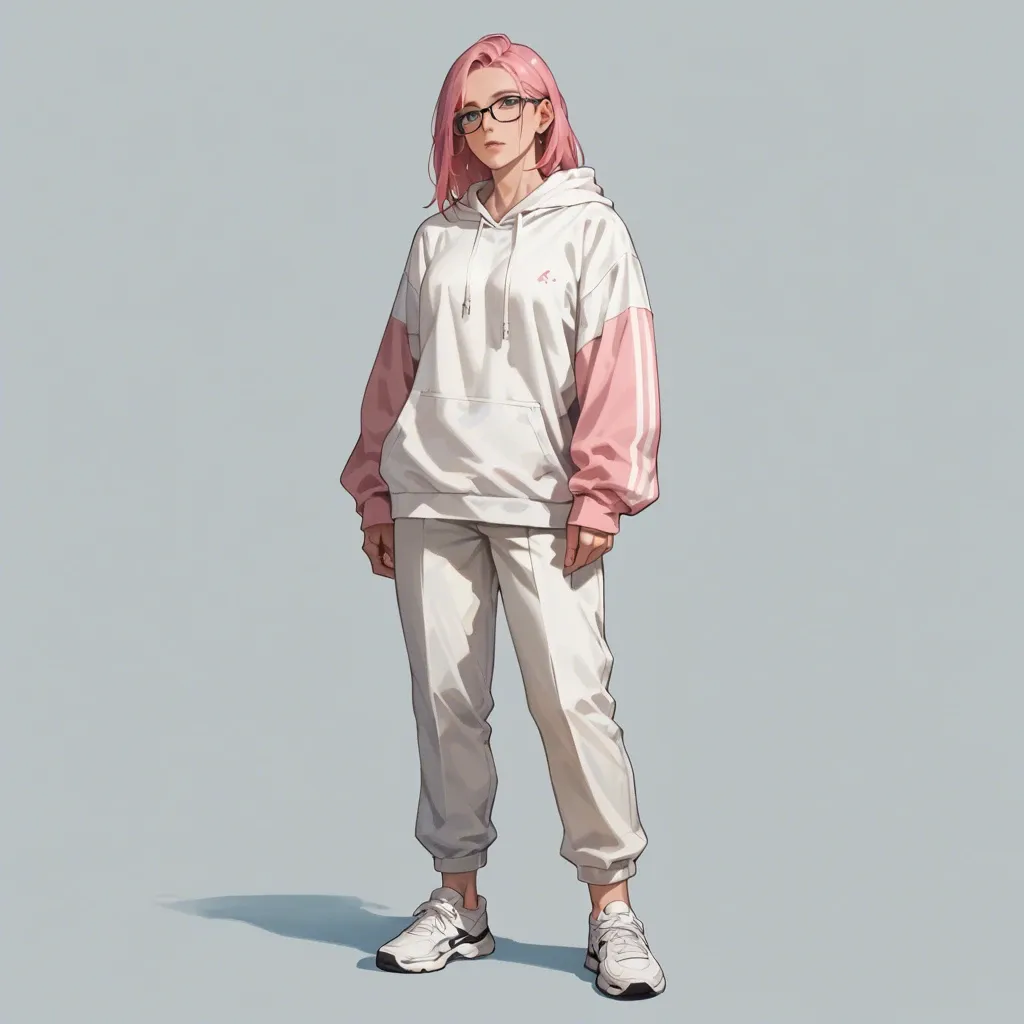 1 solo girl,,,, no background, no objects, full view, stand up, long pink hair, black glasses, white hoodie, sportive white pants, white sportive shoes, gentle look, soft skin, 20 years old, human, open blue eyes, facing camera, energetic look, open arms toward camera, tongue out, full body view