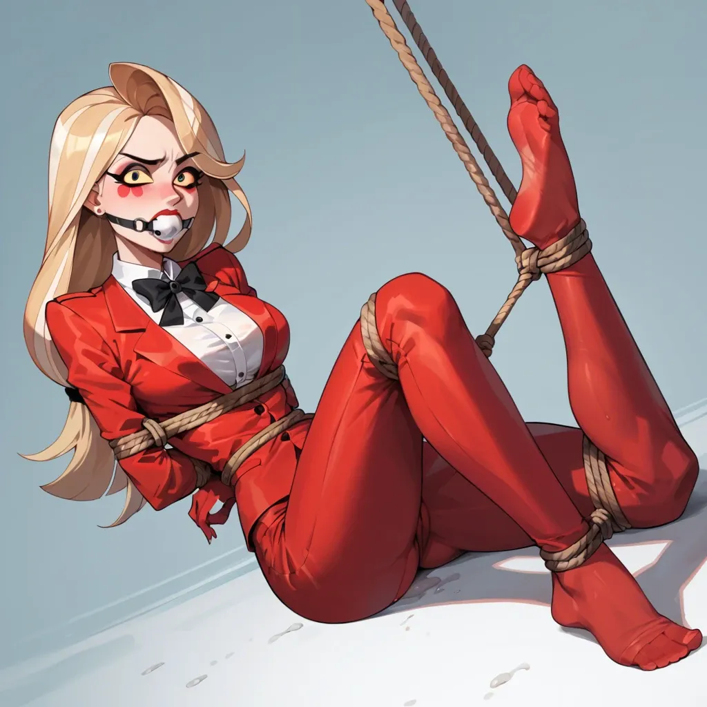 1girl, solo, , , , Charlie Morningstar \(Hazbin Hotel\), ((dutch angle)), red suit, red pants, black bow, no shoes, face focus, rope bondage, white ball gag, feet up, hands behind the back, laying on stomach, facing viewer, shocked, scared,