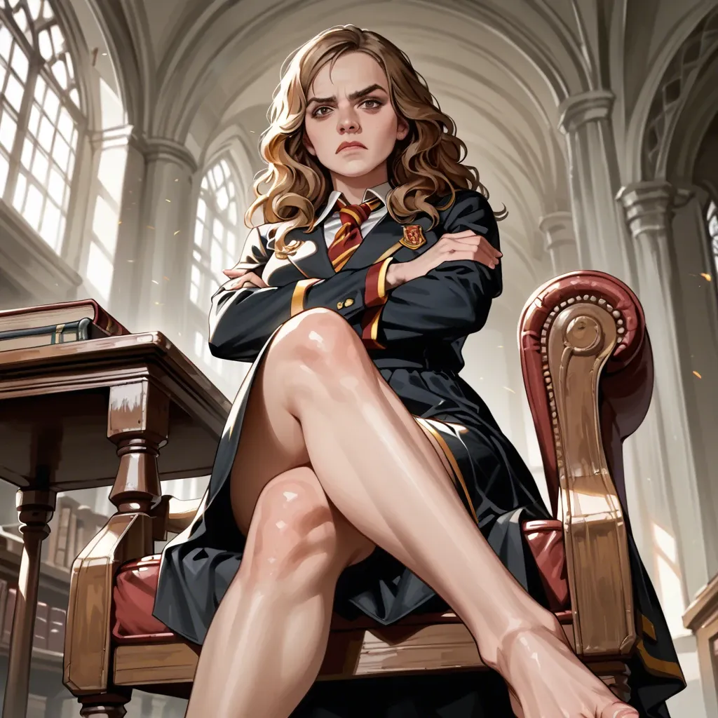 1girl, solo, Hermione Granger \(Harry Potter\), brown eyes, hogwarts uniform, long skirt, barefoot, sitting on chair, crossed legs, crossed arms, looking at viewer, annoyed, ((from below))