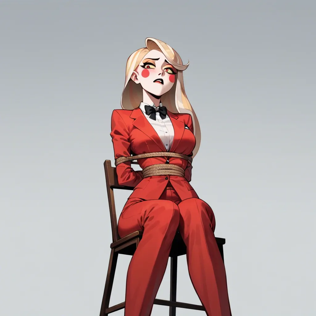 1girl, solo, Charlie Morningstar \(Hazbin Hotel\), ((from below)), pale skin, long red pants, red suit, sitting on chair, tied to chair, rope bondage, legs tied to chair, arms behind the back, tape gagged, barefoot, showing feet, soles focus, confused, raised eyebrow