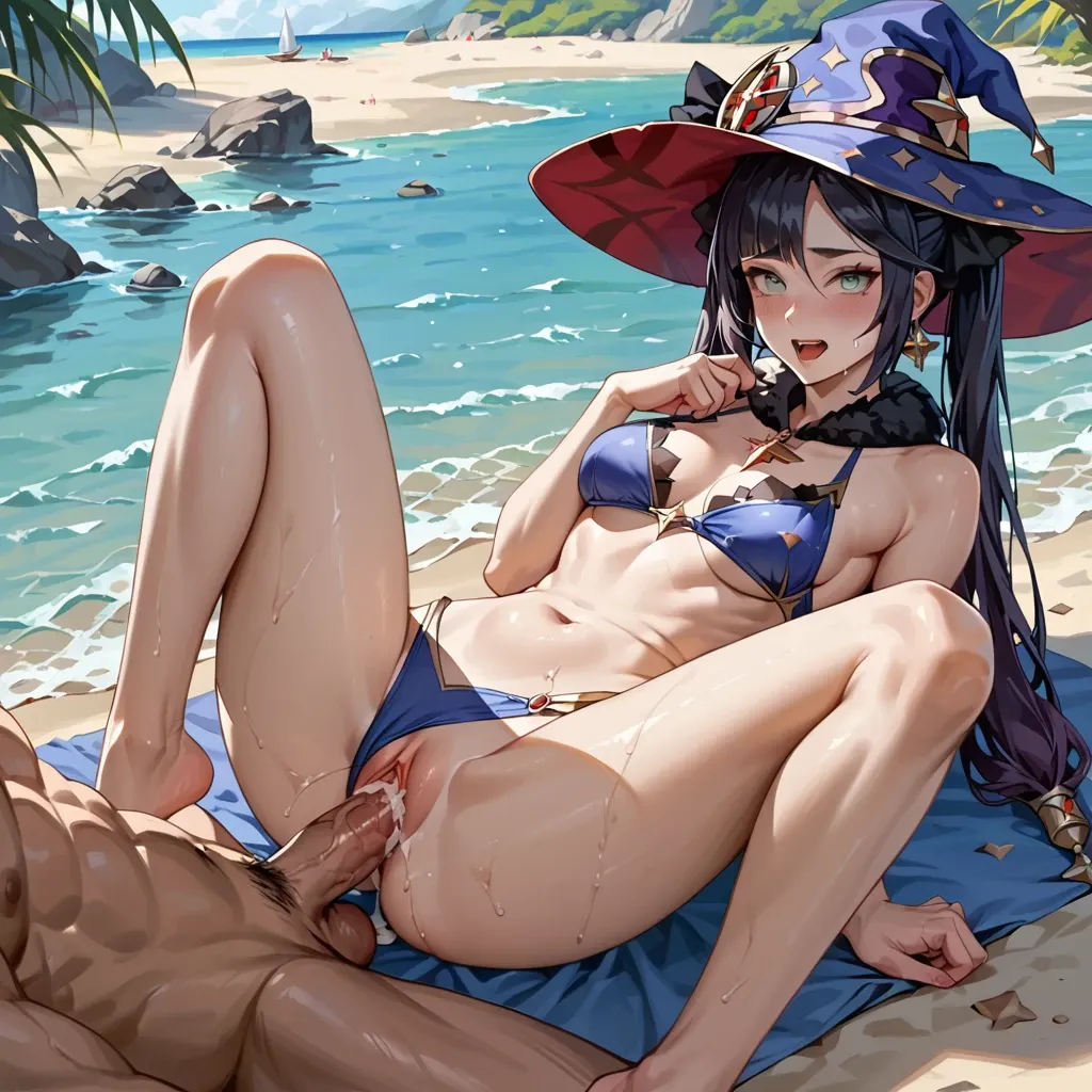 Mona from genshin impact,  swimsuit, vaginal penetration, seductive and happy face