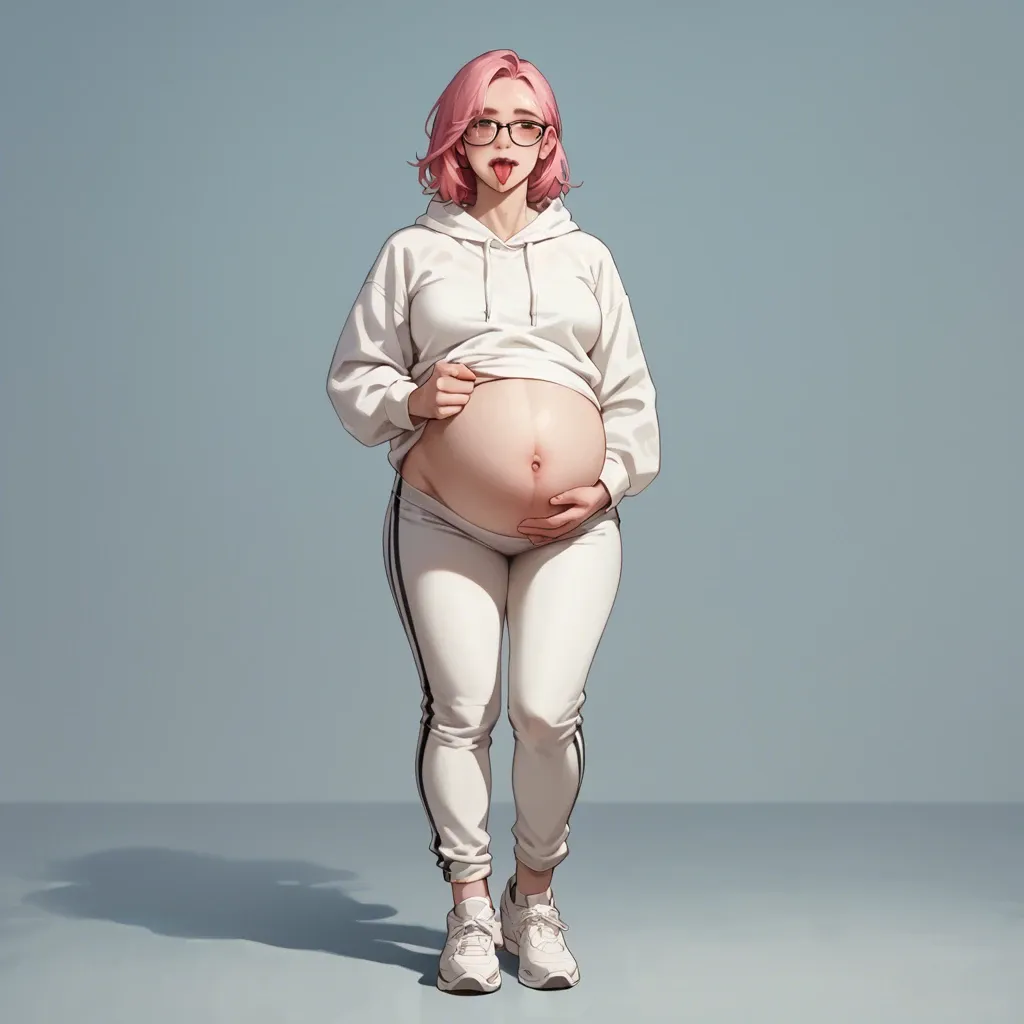 1 solo girl,,,, no background, no objects, full view, stand up, pregnant belly, tongue out, long pink hair, black glasses, white hoodie, sportive white pants, white sportive shoes, gentle look, soft skin, 20 years old, human, open blue eyes, facing camera, energetic look