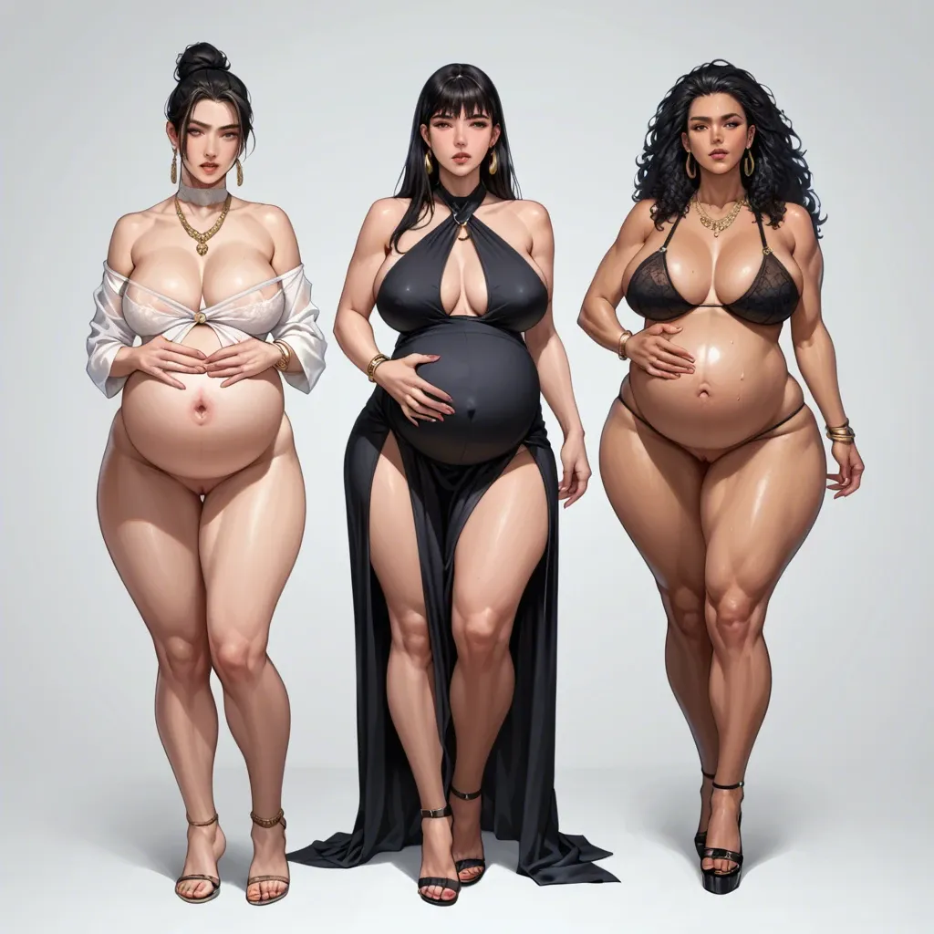 3 teen girls, big breasts, thicc thighs,pregnant bellies, bursting out of sexy clothes, ready for my cock