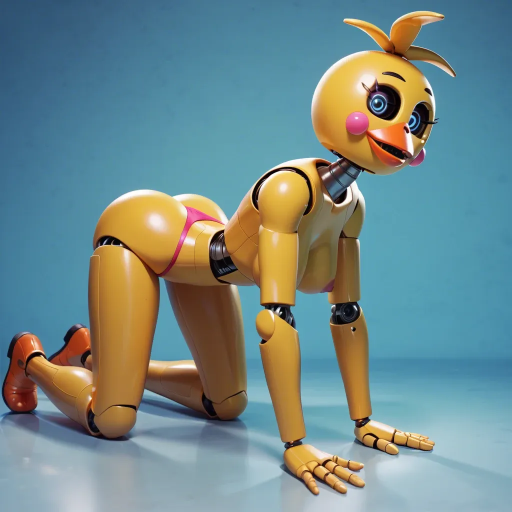 sexy animatronic robot Toy Chica from FNAF. in a thong, standing on all fours.