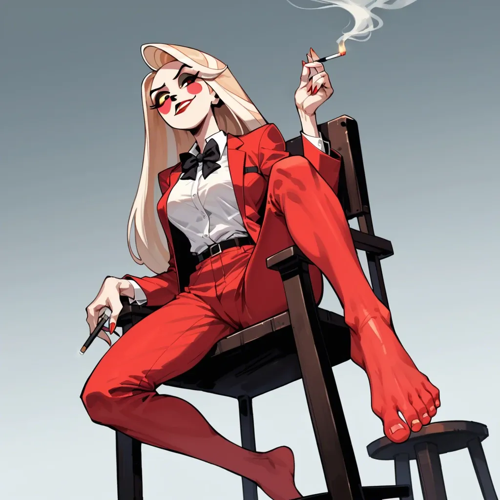 1girl, solo, , , , Charlie Morningstar \(Hazbin Hotel\), red suit, red pants, bowtie, black bow, no shoes, smoking, arrogant, teasing, sitting on chair, showing feet, ((from below)), perfect feet, perfect soles, feet focus