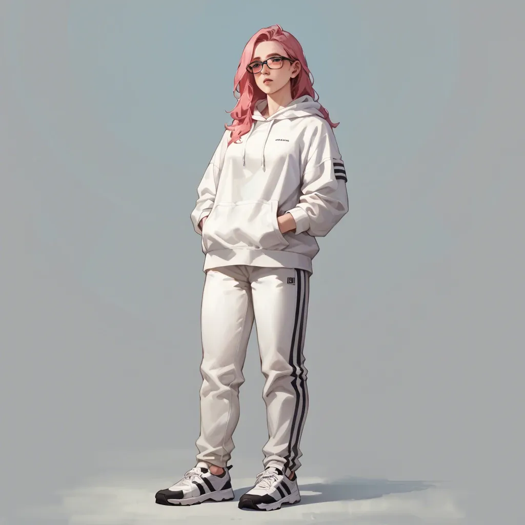 1 solo girl,,,, no background, no objects, full view, stand up, long pink hair, black glasses, white hoodie, sportive white pants, white sportive shoes, gentle look, soft skin, 20 years old, human, open blue eyes, facing camera, energetic look, pregnant belly, tongue out