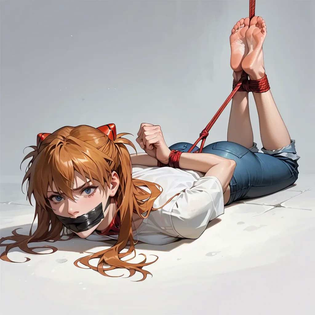 1girl, solo, Asuka Langley \(Evangelion\), white t-shirt, jeans, barefoot, laying on stomach, rope bondage, arching body, hogtied, bends neck, hands behind the back, tape gagged, looking at viewer, feet focus, shocked, scared, ((face view))