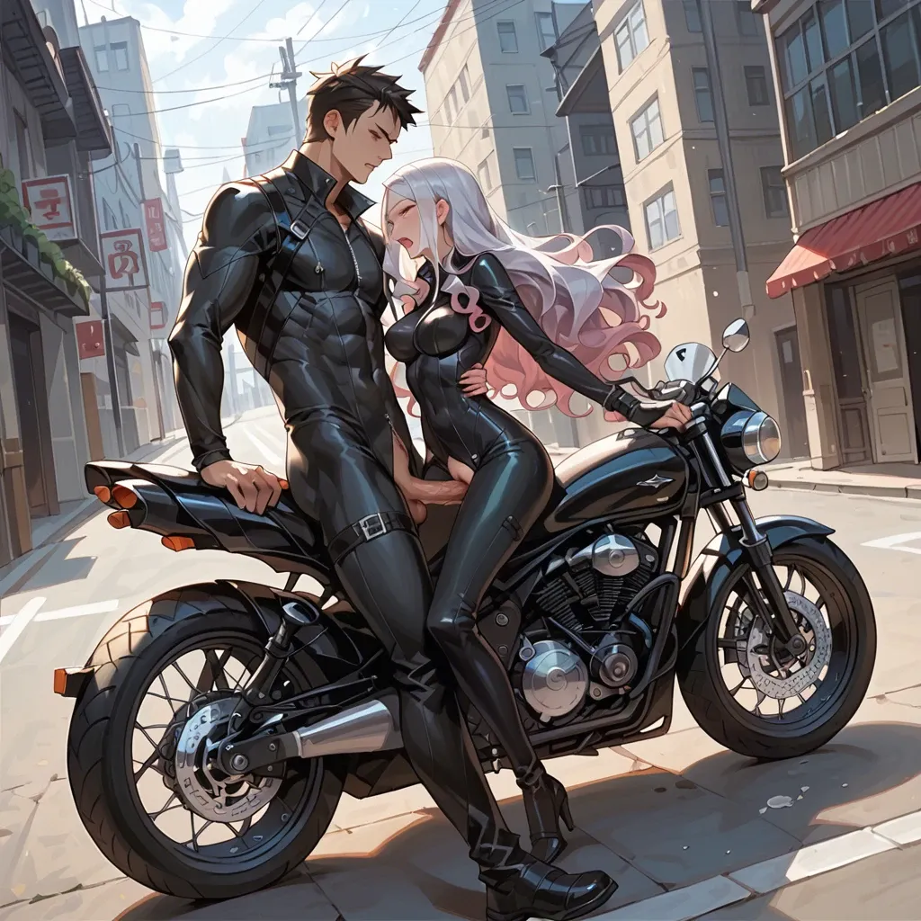 mirajane strauss, black unzipped exposed Catsuit with side openings , large long motorbike, sexy, anime cute style, straight hair, backward on motorbike, standing flipped,  missionary sex,  looking down view