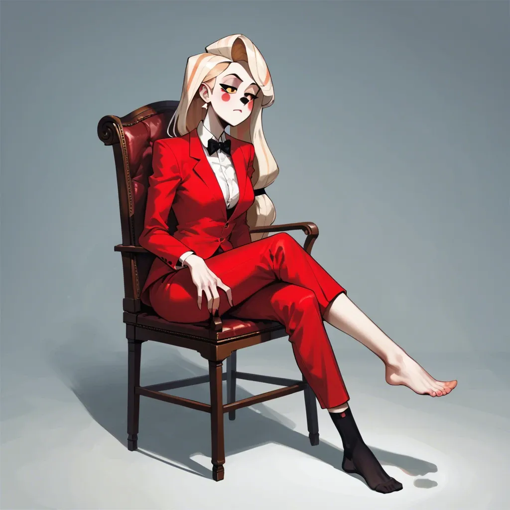 1girl, solo, Charlie Morningstar \(Hazbin Hotel\), pale skin, red pants, red suit, single sock, only one sock, single bare foot, only one bare foot, sitting on chair, ((Straight-on))