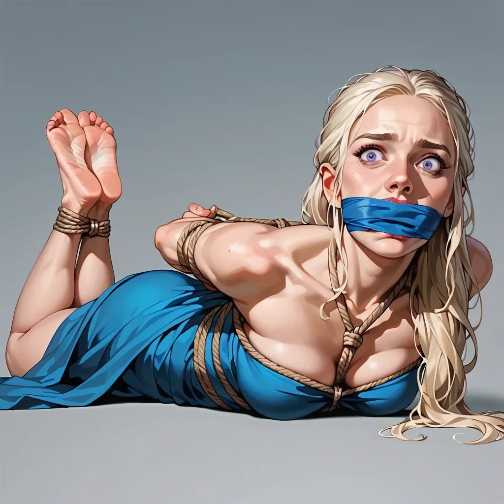 1girl, solo, Daenerys Targaryen \(Game of Thrones\), purple eyes, blue dress, barefoot, laying on stomach, rope bondage, hogtied, arms behind back, crossed ankles, wrap gag, feet focus, shocked