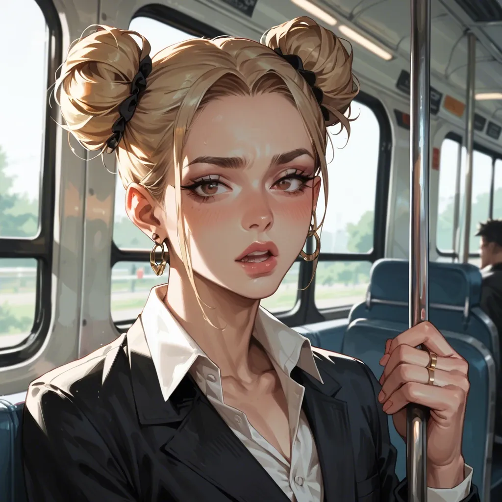 on the bus, femboy, two buns, blonde, brown eyes, earrings,