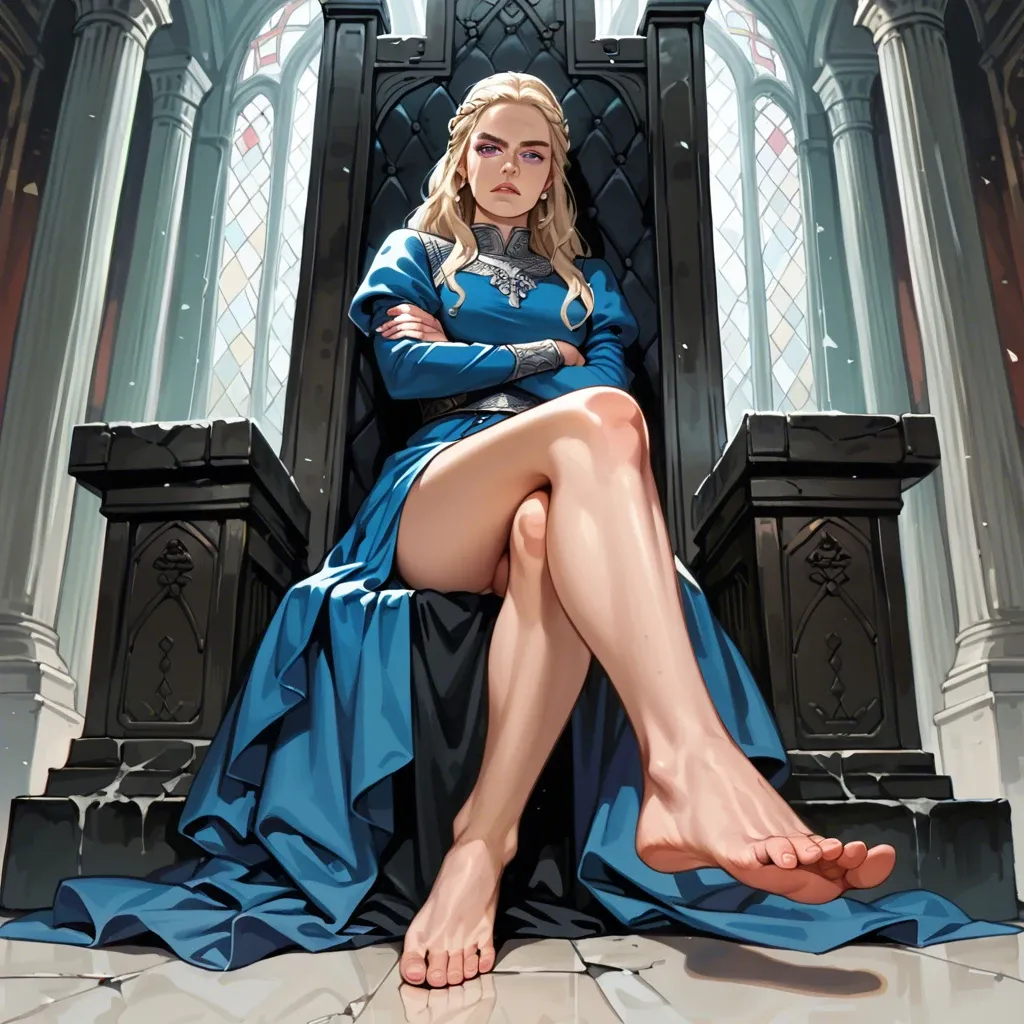 1girl, solo, Daenerys Targaryen \(Game of Thrones\), purple eyes, blue dress, barefoot, sitting on throne, legs crossed, arms crossed, showing feet, soles focus, arrogant, looking at viewer, ((from below))