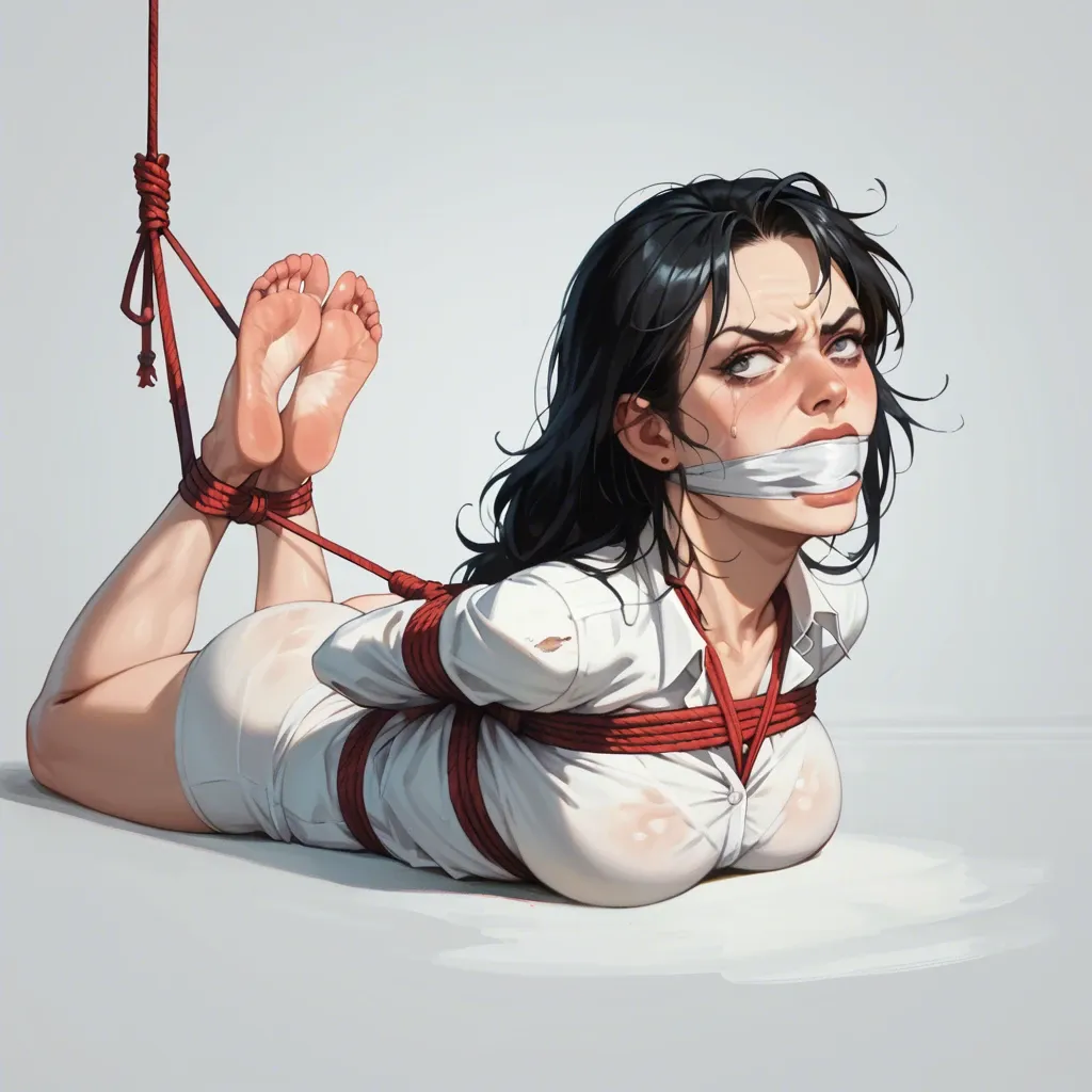 1girl, solo, Lydia Deetz \(Beetlejuice\), pale skin, full clothes, no shoes, laying on stomach, rope bondage, hogtie, hands behind the back, wrap gagged, feet focus, angry, ((face view))