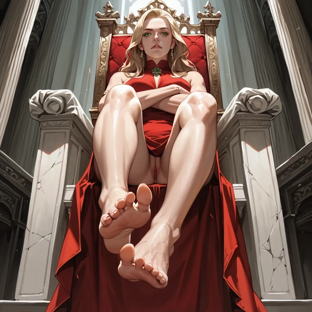 1girl, solo, Cersei Lannister \(Game of Thrones\), green eyes, red dress, barefoot, sitting on throne, arms crossed, legs crossed, soles focus, looking at viewer, very arrogant, ((from below))