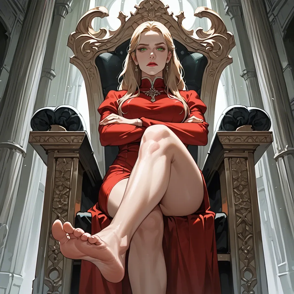 1girl, solo, Cersei Lannister \(Game of Thrones\), green eyes, red dress, barefoot, sitting on throne, arms crossed, legs crossed, soles focus, looking at viewer, arrogant, ((from below))