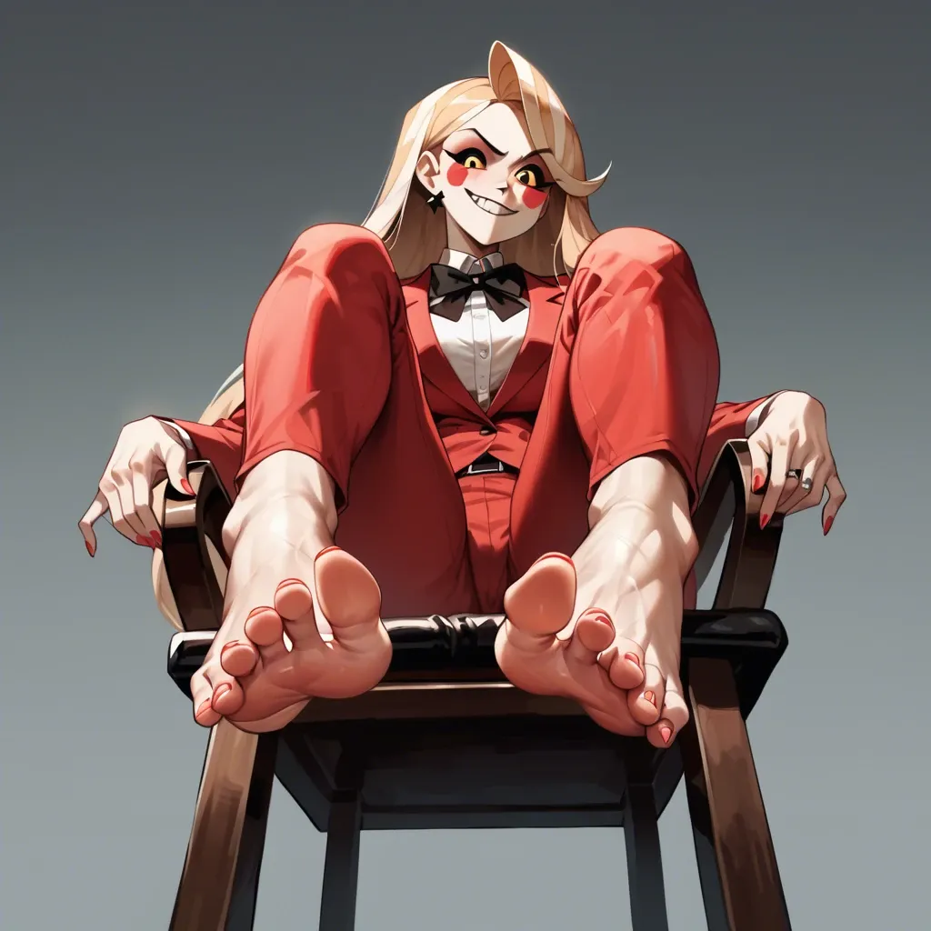 1girl, solo, , , , Charlie Morningstar \(Hazbin Hotel\), red suit, red pants, no shoes, sitting on chair, showing feet, ((from below)), perfect feet, perfect soles, feet focus