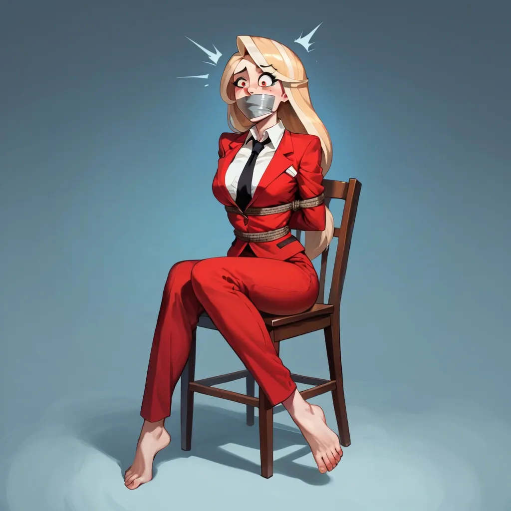 1girl, solo, Charlie Morningstar \(Hazbin Hotel\), pale skin, long red pants, red suit, barefoot, sitting on chair, rope bondage, arms behind the back, legs rope bound, tape gagged, shocked, raised eyebrow