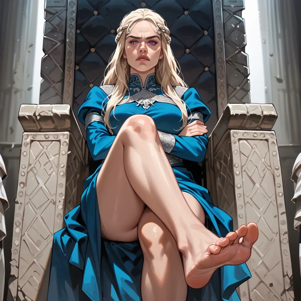 1girl, solo, Daenerys Targaryen \(Game of Thrones\), purple eyes, blue dress, barefoot, sitting on throne, legs crossed, arms crossed, soles focus, arrogan, looking at viewer, ((from below))