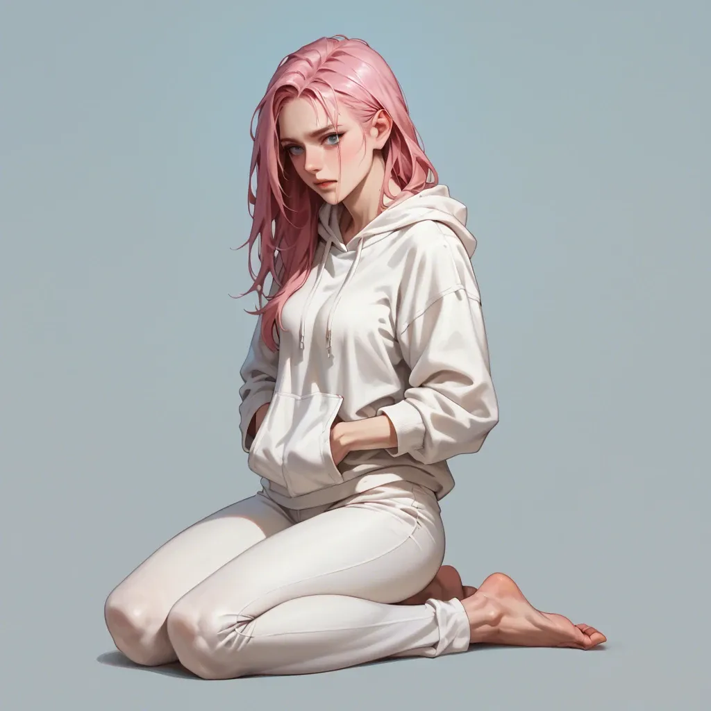 1 solo girl,,,, no background, no objects, full body view, stand up, long pink hair, no glasses, white hoodie, sportive white pants, no shoes, gentle look, soft skin, 20 years old, human, open blue eyes, facing camera, energetic look, erect position