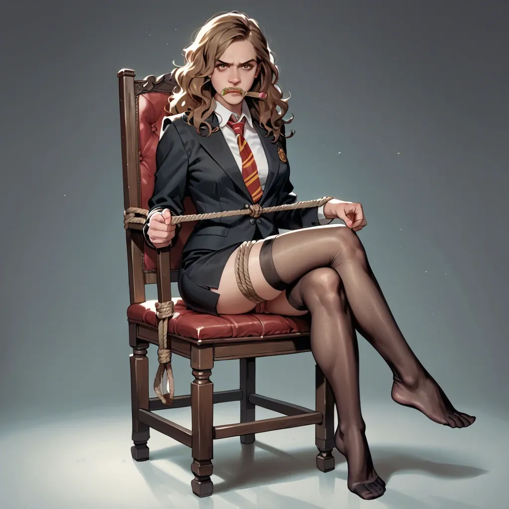 Hermione Granger \(Harry Potter\), ((full body)), black suit, black skirt, no shoes, sitting on chair, rope bondage, wrapped mouth, looking at viewer, angry ((face view))