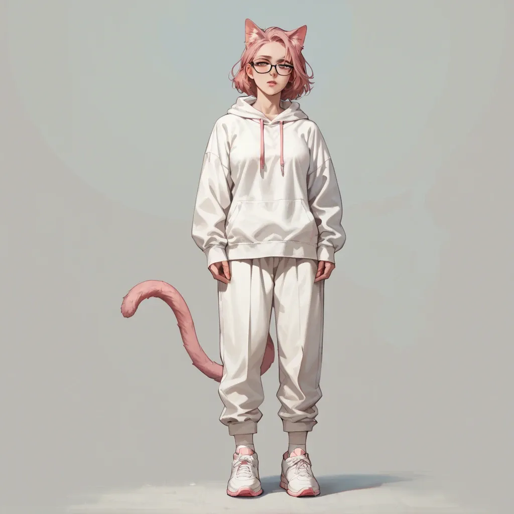 1 solo girl,,,, no background, no objects, full view, stand up, long pink air, black glasses, white hoodie with a pink cat, sportive white pants, white sportive shoes, gentle look, soft skin, 20 years old, human, open blue eyes, facing camera