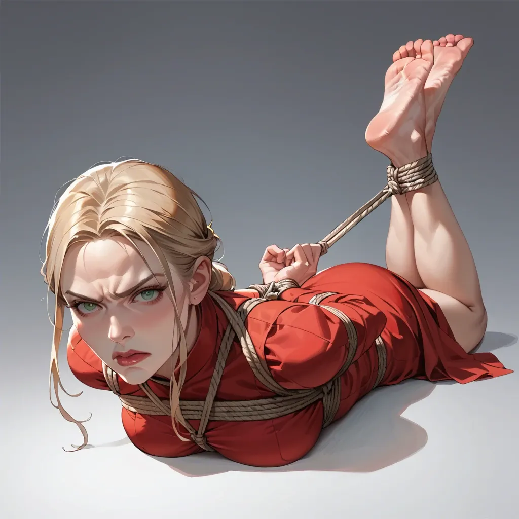 1girl, solo, Cersei Lannister \(Game of Thrones\), green eyes, red dress, barefoot, laying on stomach, feet up, rope bondage, hogtied, arms behind back, mouth wrapped, looking at viewer, angry, feet focus