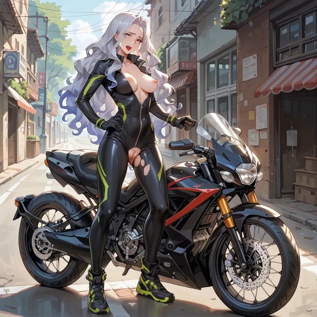 mirajane strauss, black full body unzipped Catsuit  , large Sport bike, sexy, anime cute style, straight hair, facing backward on motorbike,  exposed skin boobs pussy, sex