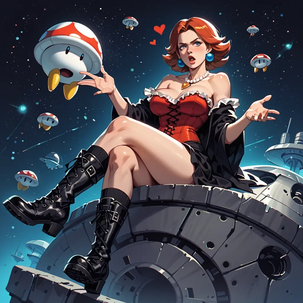 1girl,solo, , , , reaching,crossed legs,round breasts,void background,off shoulder, undressing,socks,heart necklace,red corset,gothic boots, bare shoulders, spaceship, super mario, johanna, asuka