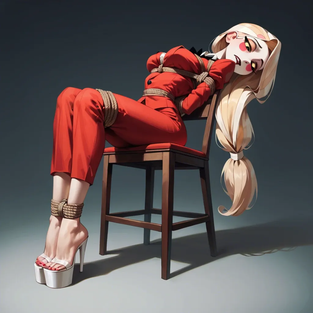 1girl, solo, Charlie Morningstar \(Hazbin Hotel\), ((front view)), pale skin, long red pants, red suit, sitting on chair, tied to chair, rope bondage, arms behind the back, legs rope bound, tape gagged, barefoot, perfect feet, shocked, raised eyebrow