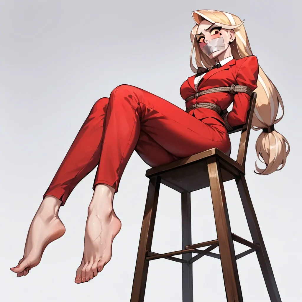 1girl, solo, Charlie Morningstar \(Hazbin Hotel\), ((front view)), pale skin, long red pants, red suit, sitting on chair, tied to chair, rope bondage, arms behind the back, tape gagged, barefoot, showing feet, soles focus, confused, raised eyebrow