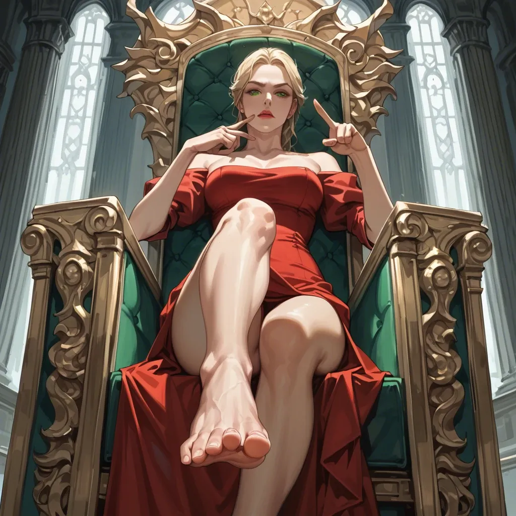 1girl, solo, Cersei Lannister \(Game of Thrones\), green eyes, red dress, barefoot, sitting on throne, finger pointing below, legs crossed, soles focus, looking at viewer, arrogant, ((from below))